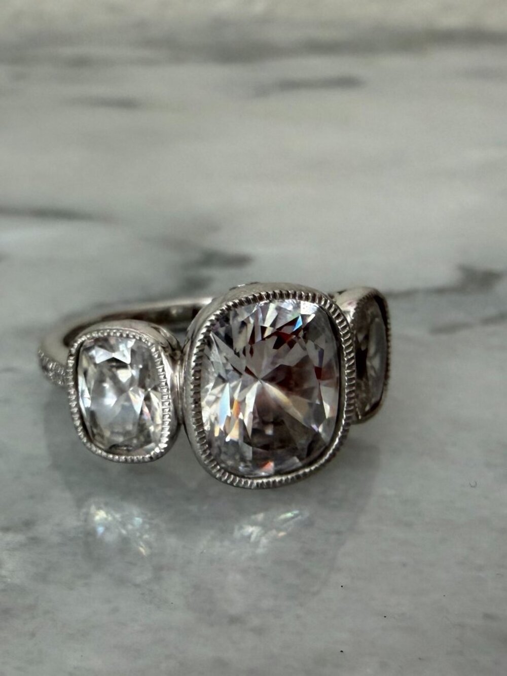 Vintage Jean Dousset Heirloom 925 CZ 3-Stone Mill-grain Cushion Cut Ring - Picture 12 of 17